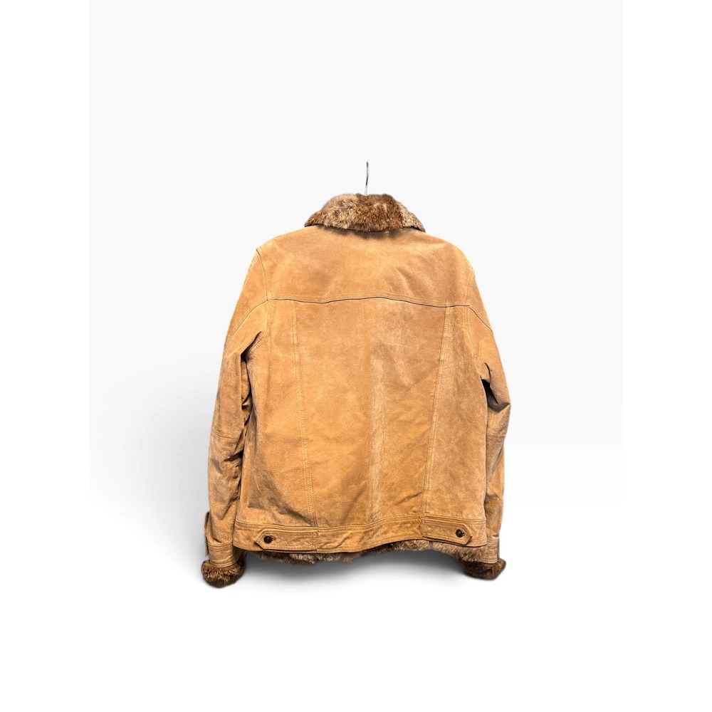 Wilsons Leather Maxima Tan Suede Rabbit Fur Trim Trucker Jacket XL Womens - Picture 2 of 5